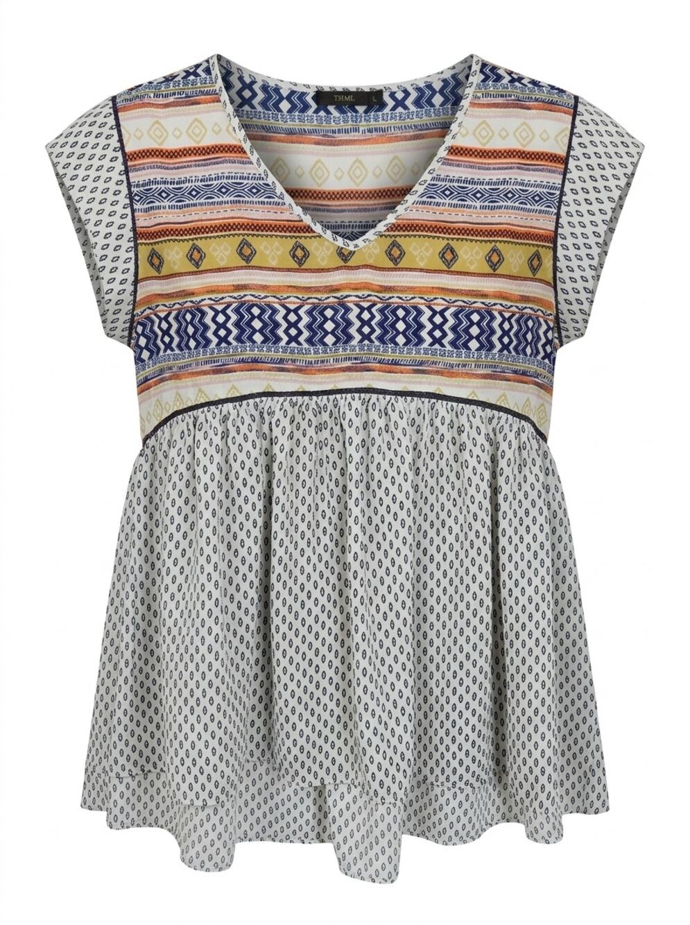 Thml Multicolor Geometric Boho Peplum Blouse V-Neck Women Size L